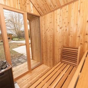 Premium grade Knotty red western cedar walls & ceiling. 1x4 11/16 T&G cedar lining. 2x4 Clear red western cedar for benches.