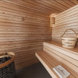 Premium grade Knotty red western cedar walls & ceiling. 1x4 11/16 T&G cedar lining. 2x4 Clear red western cedar for benches.